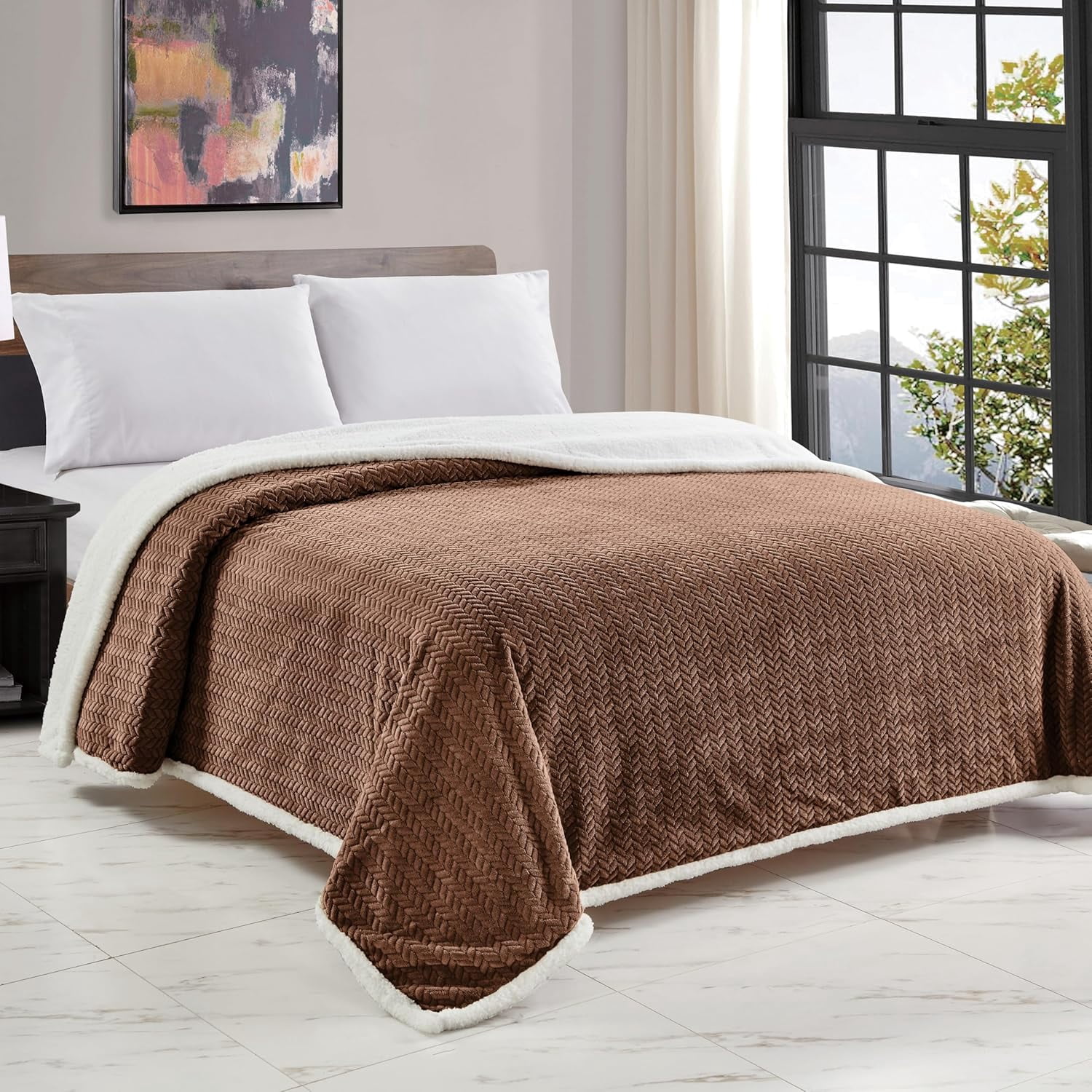 Elegant Comfort Reversible Throw Blanket with Braided Design, Heavyweight Micromink and Sherpa Backing, King/Cal King, Mocha
