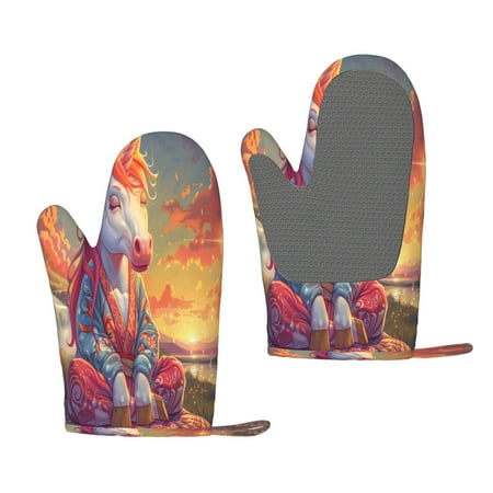 

Lukts Meditating Cute Horse for Silicone Anti-Scalding Gloves Kitchen Lanyard Gloves for Grilling Baking Cooking