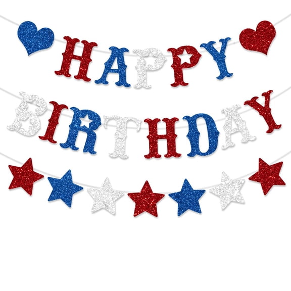 Red White Blue Happy Birthday Banner Decoration Glitter American Themed Stars Decorations for 4th of July Memorial Day Party