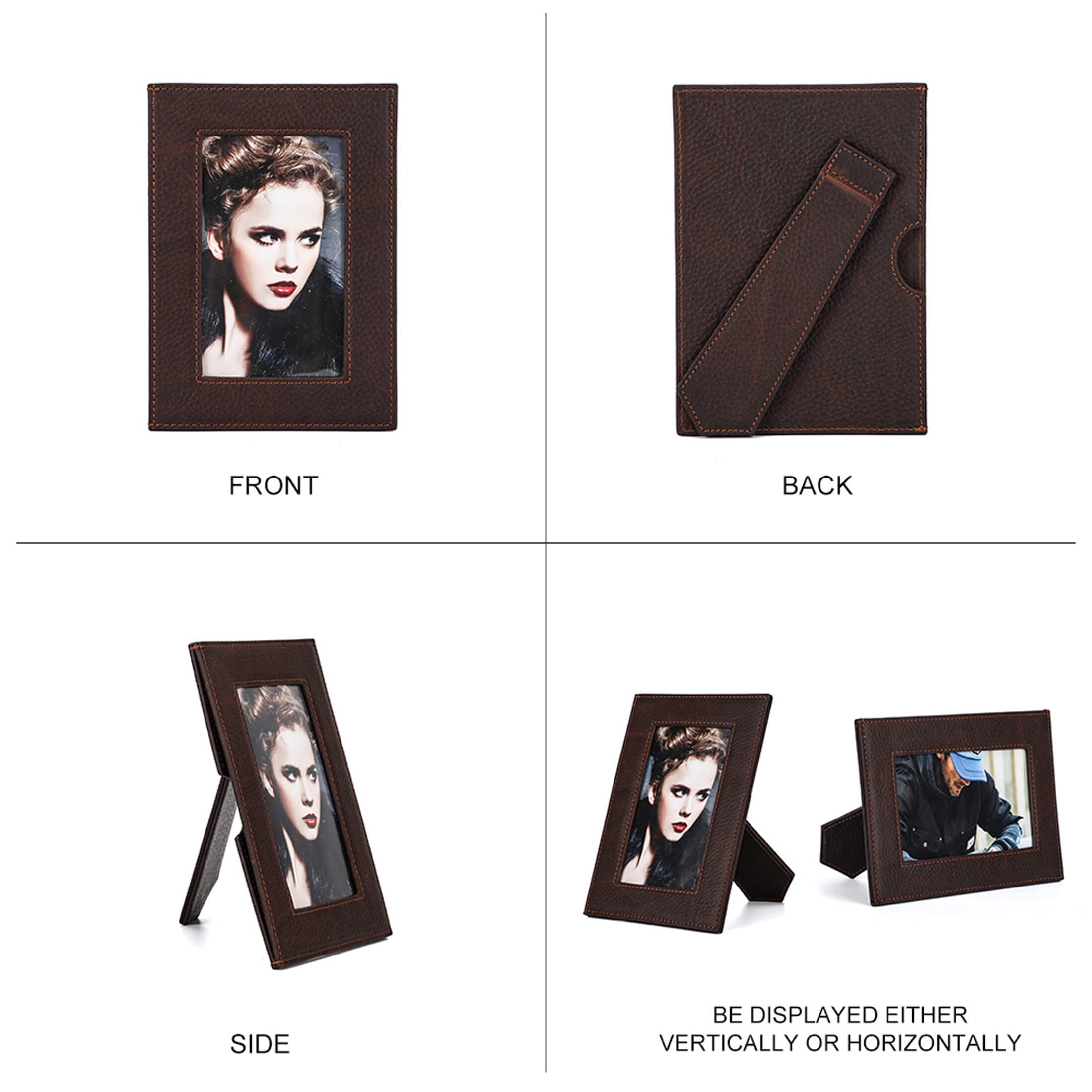 Hiram Genuine Leather 5" x 7"Desktop Photo Frame, Cute Standing Picture Frame, Coffee