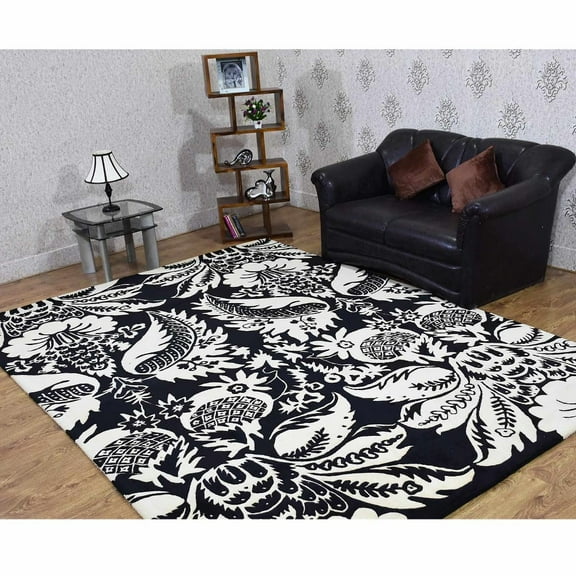 Rugsotic Carpets Hand Tufted Wool Eco-Friendly Area Rugs - 7'9''x10'6'', Rectangle, White Black, Modern Contemporary Design, High Pile Handmade Anti Skid Rugs for Living Room (K03143)