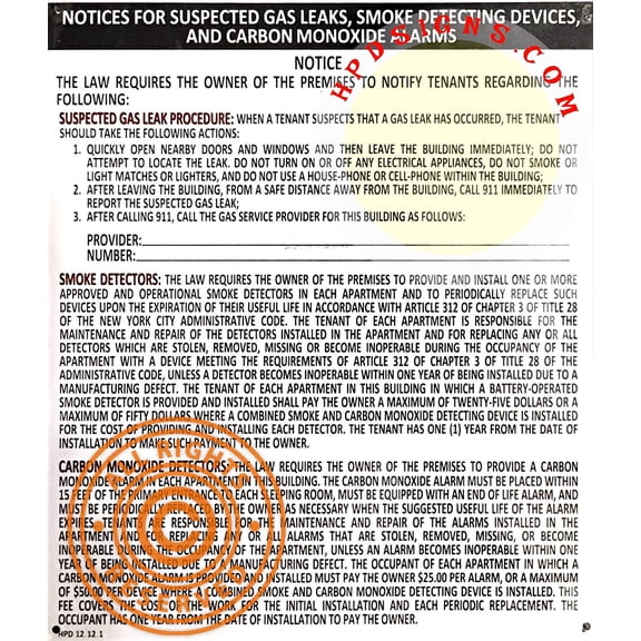 HPD Sign"Notice for Suspected Gas Leaks, Smoke Detecting Devices, and Carbon Monoxide Alarm" (White,10.9x12.7) (ref-2201)