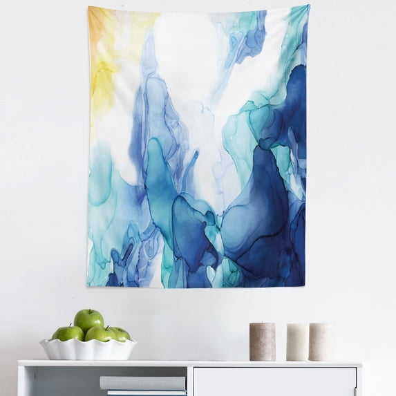 Marble Tapestry, Abstract Themed Illustration of Hazy Shadows Smoke Forms Print, Fabric Wall Hanging Decor for Bedroom Living Room Dorm, 5 Sizes, Seafoam Night Blue and Yellow, by Ambesonne