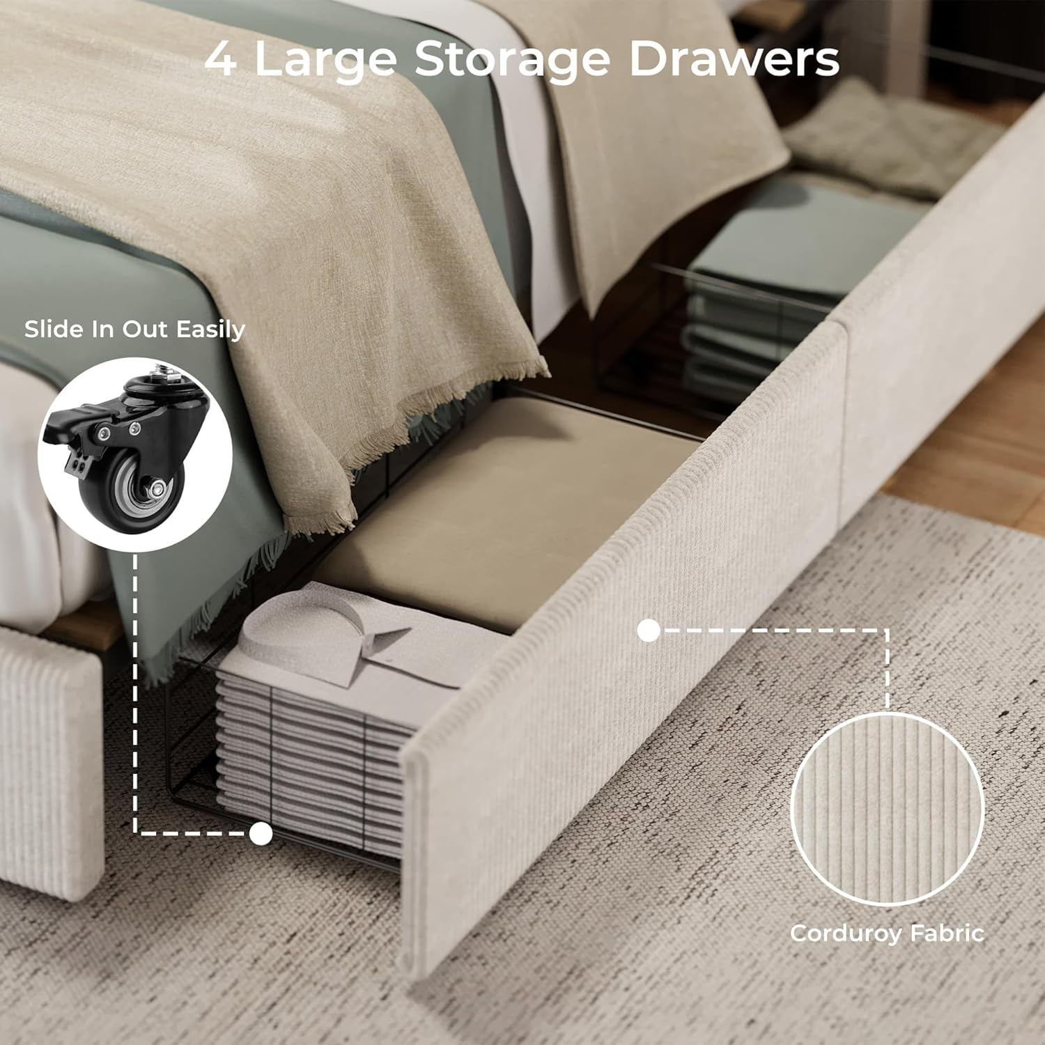 Hetoy Bed Frame, Queen Size Platform Bed with 4 Storage Drawers, Upholstered Corduroy Channel Tufted Headboard Bed Frame with Strong Wooden Slat Support, No Box Spring Needed, Beige
