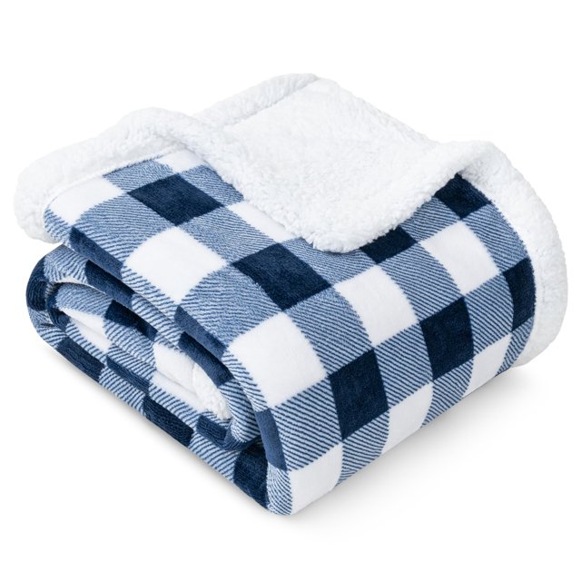 Manta PAVILIA Buffalo Plaid Sherpa blanco/azul marino, 150 x 200 cm
