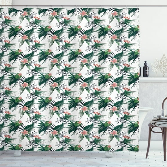 Ambesonne Jungle Shower Curtain, Tropical Brazil Botany, 69"Wx70"L, Hunter Green Coral White