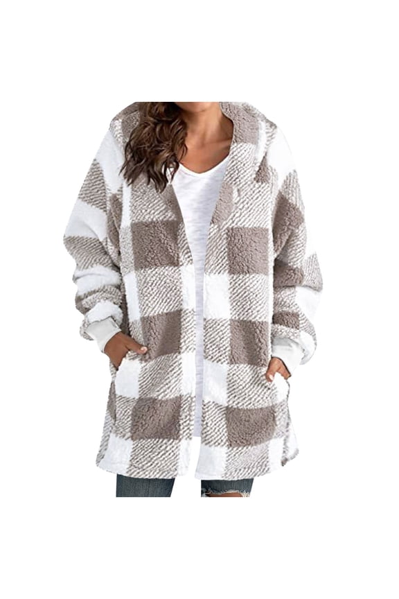 Womens Christmas Plaid Sherpa Coats Casual Loose Soft Cozy Long Sleeved Hooded Jackets Winter Thermal Fuzzy Cardigan Overcoats with Pockets for Cold Weather Red XL