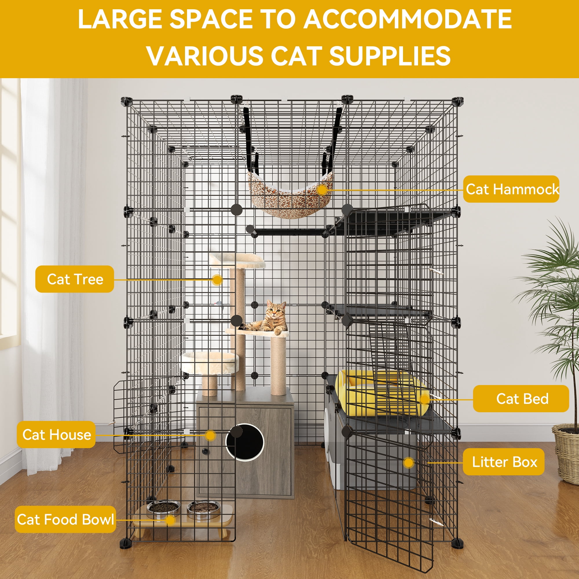 Uforic 4 Tier Cat Cage,Indoor Pets Playpen Cat Kennel with Hammock,Cat Enclosure  Metal cat Kennels for 1-4 Cats, DIY Detachable Pet Playpen, 41"L x 41"W x 55"H,Black