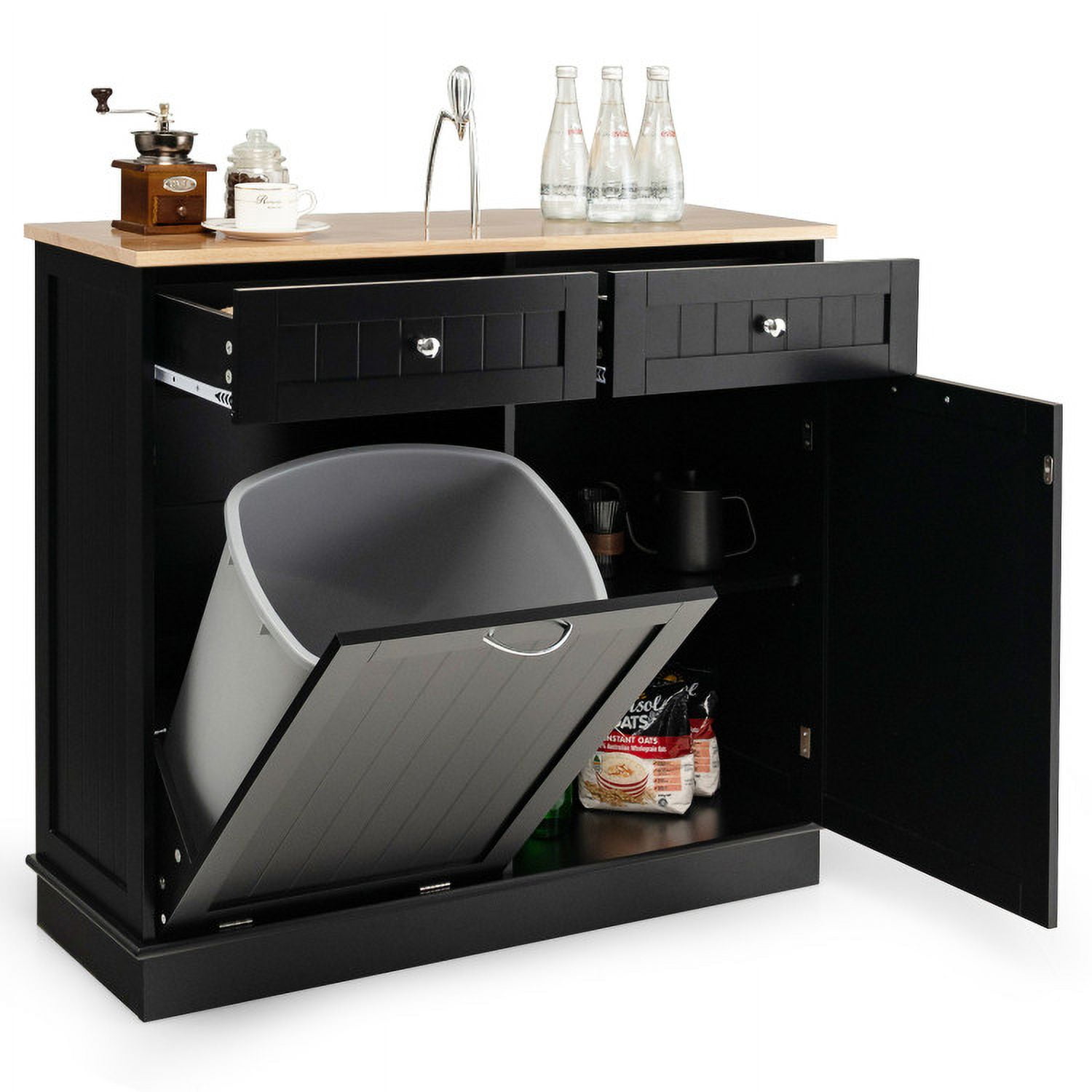 Finihen Kitchen Storage Cabinet, Buffet Sideboard, Rubber Wood Kitchen Trash Cabinet with Single Trash Can Holder and Adjustable Shelf, for Dining Room, Kitchen, Living Room, Black Finihen Kitchen Storage Cabinet, Buffet Sideboard, Rubber Wood Kitchen Trash Cabinet with Single Trash Can Holder and Adjustable Shelf, for Dining Room, Kitchen, Living Room, Black