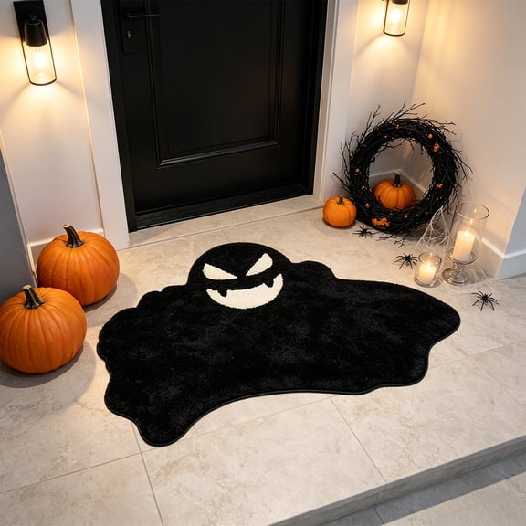 Halloween Ghost Shaped Soft Plush Floor Doormat, Non Slip Absorbent Polyester Rug, Festive Decorative Mat for Entryway Bathroom Kitchen Living Room Indoor Outdoor Holiday Display