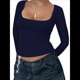 thumbnail image 1 of Camisas de Larga para Mujer, Tops Cortos, Moda de Otoño 2025, Cuello Cuadrado, Camisetas Básicas para Salir, Ropa Y2K Azul Marino S, 1 of 7