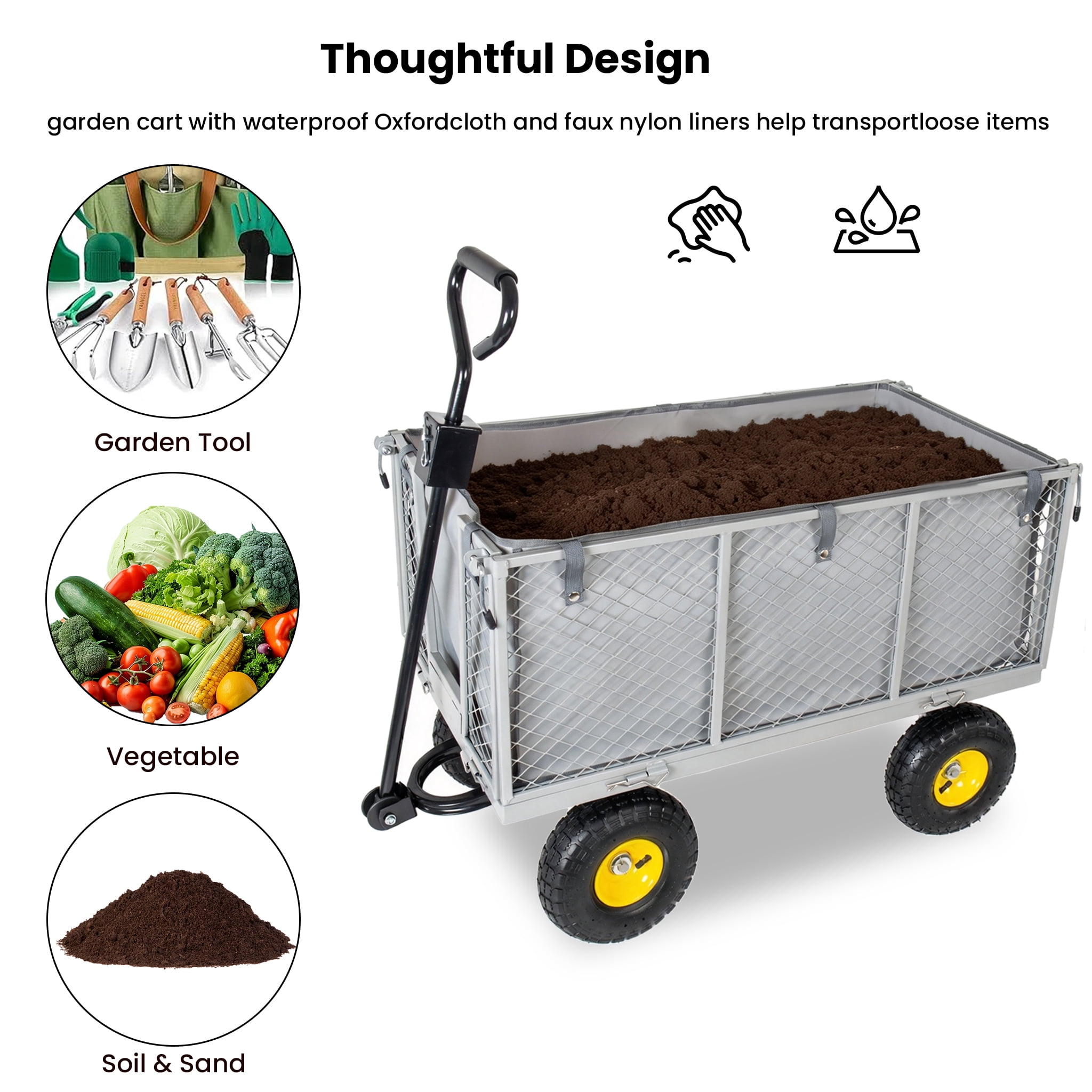 3 in 1 Oversized Steel Garden Cart, 880lbs Pullable Mesh Metal Garden Cart, All-Terrain Utility Cart with Removable Liner & Side Panels & Mesh Tray for Outdoor Lawn, Patio and Landscaping, Gray