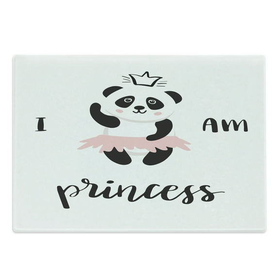 Cartoon Cutting Board, Funny Ballerina Panda Bear Dancing in Pink Skirt Girls, Decorative Tempered Glass Cutting and Serving Board, Large Size, White Black Rose, by Ambesonne
