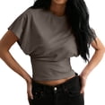 thumbnail image 4 of Ticikt Women's Ruched Crop T-Shirt, Casual Solid Color Short Sleeve Crew Neck Top,Coffee,S, 4 of 6