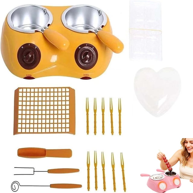 Chocolate Melting Pot Kit with Molds and Fork, Chocolate Melting Warming Double Pot, Mini Electric Fondue for Candy, Milk, Cheese, Butter Making (YELLOW)
