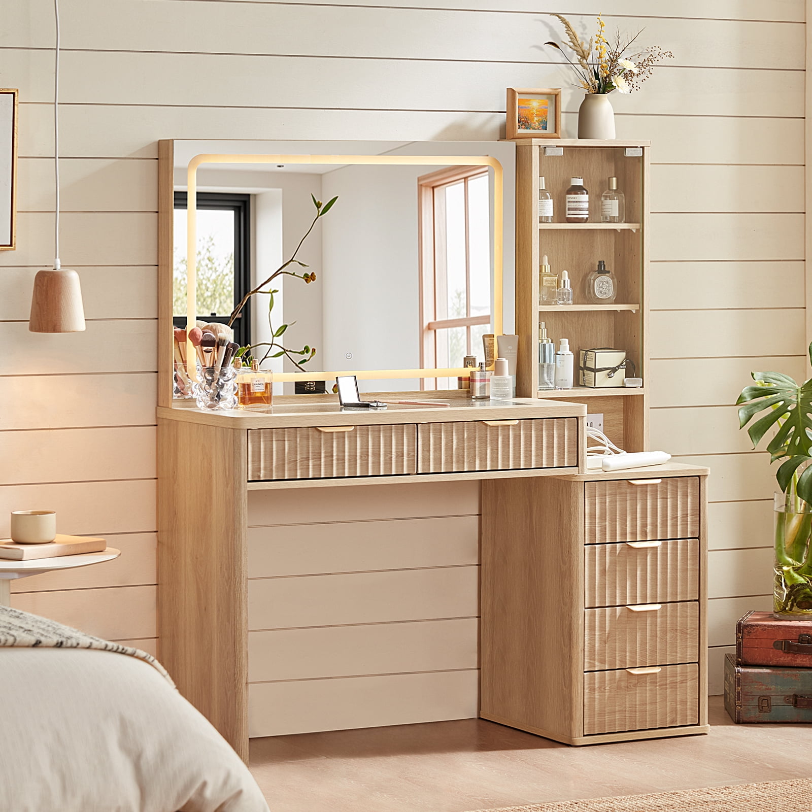 Leyaoyao 43.5 Fluted Makeup Vanity Desk with Mirror and LED Lights, Wood Makeup Vanity with Power Outlet & 3 Shelves for Living Room, Natural Oak