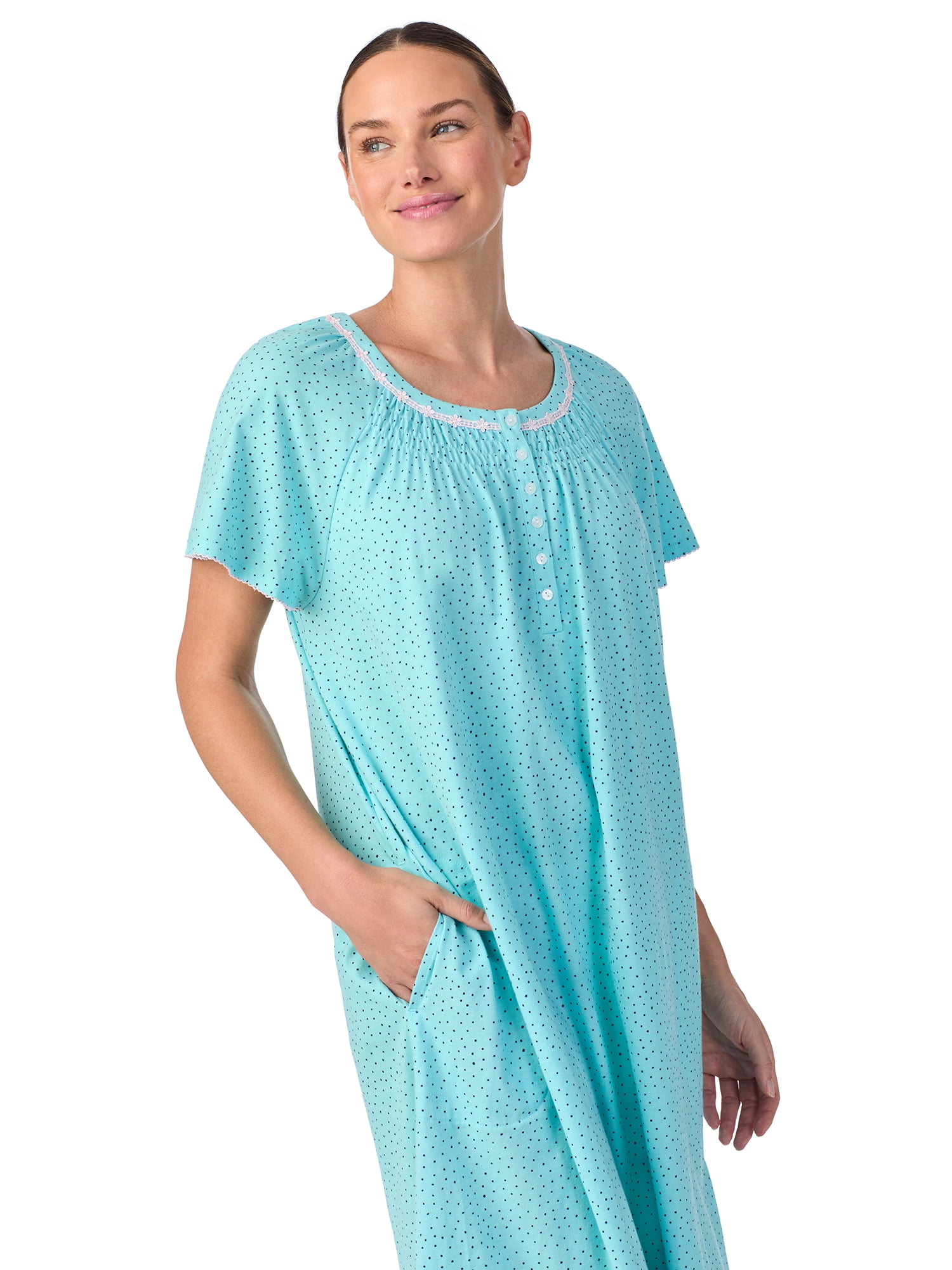 Aria Women's 100% Cotton Raglan Sleeve Smocked Neck Sleepwear 40" Gown, Sizes XS-5X