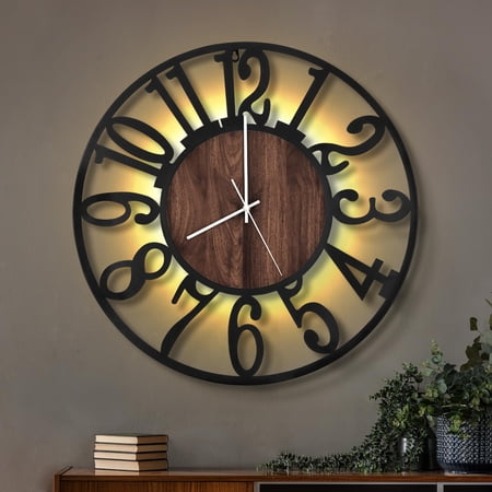 Large Wall Clocks with Night Light Battery Operated,Silent Non Ticking,Rustic Modern Big Wood Clock for Living Room, Bedroom,Kitchen,Farmhouse,Office,Home Decor-24 Inch(Black-Arabic Number)
