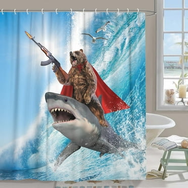 PISONIC Funny Bear Shower Curtain, Cute Funcy Amusing Bear Riding Shark on Sea Ocean Shower Curtain Set, Blue Nautical Humorous Animal Waterproof Fabric Bathroom Curtain with Hooks, 69x70inches