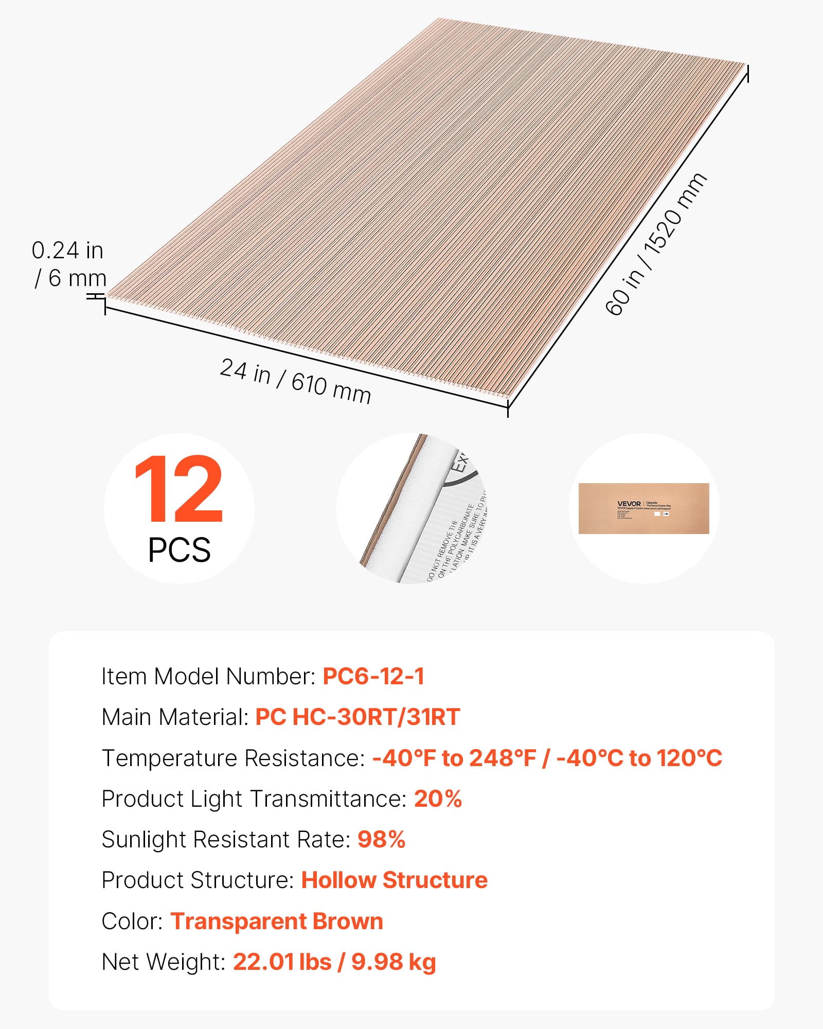 VEVOR Roof Panels, 12Pcs Polycarbonate Roofing Panels Double Layer, High Impact Corrugated Plastic Greenhouse Replacement Cover, Waterproof for Gazebos, Chicken Coops, Home, Garden (5' x 2' x 0.24")