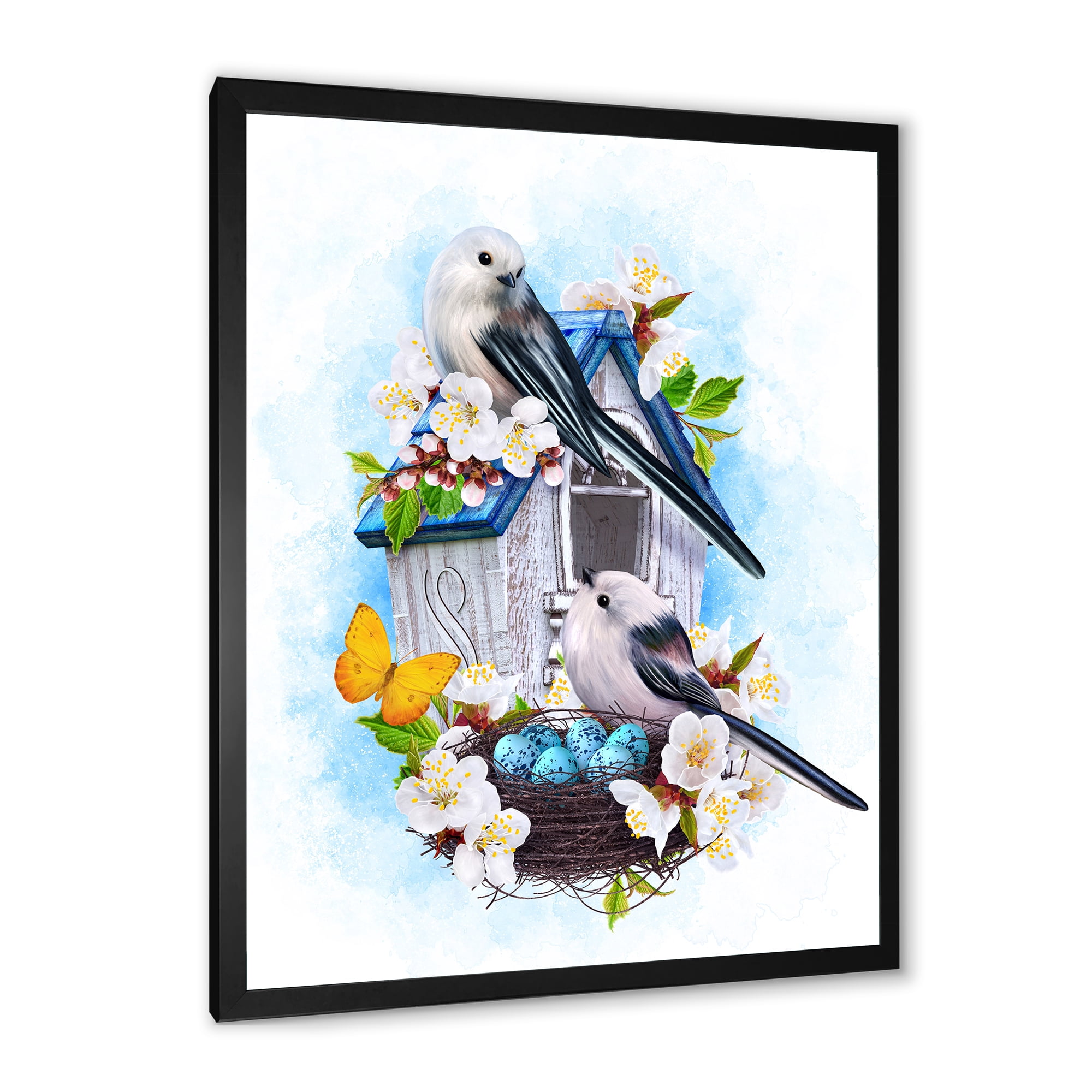 Designart 'Two Tit Birds Sitting Near The Nest With Eggs and White Flowers II' Traditional Framed Art Print