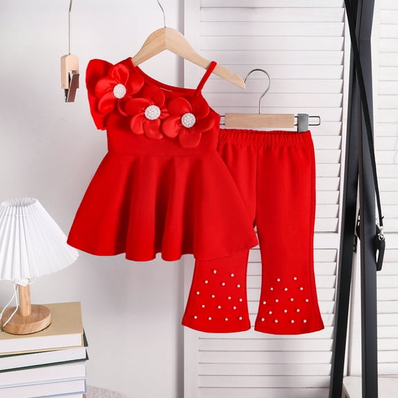 Amidoa Girls Summer 2 Piece Outfits Cute Sleeveless Tops Tops and Casual Pants Kids Clothing Set Red Size Red Size 6