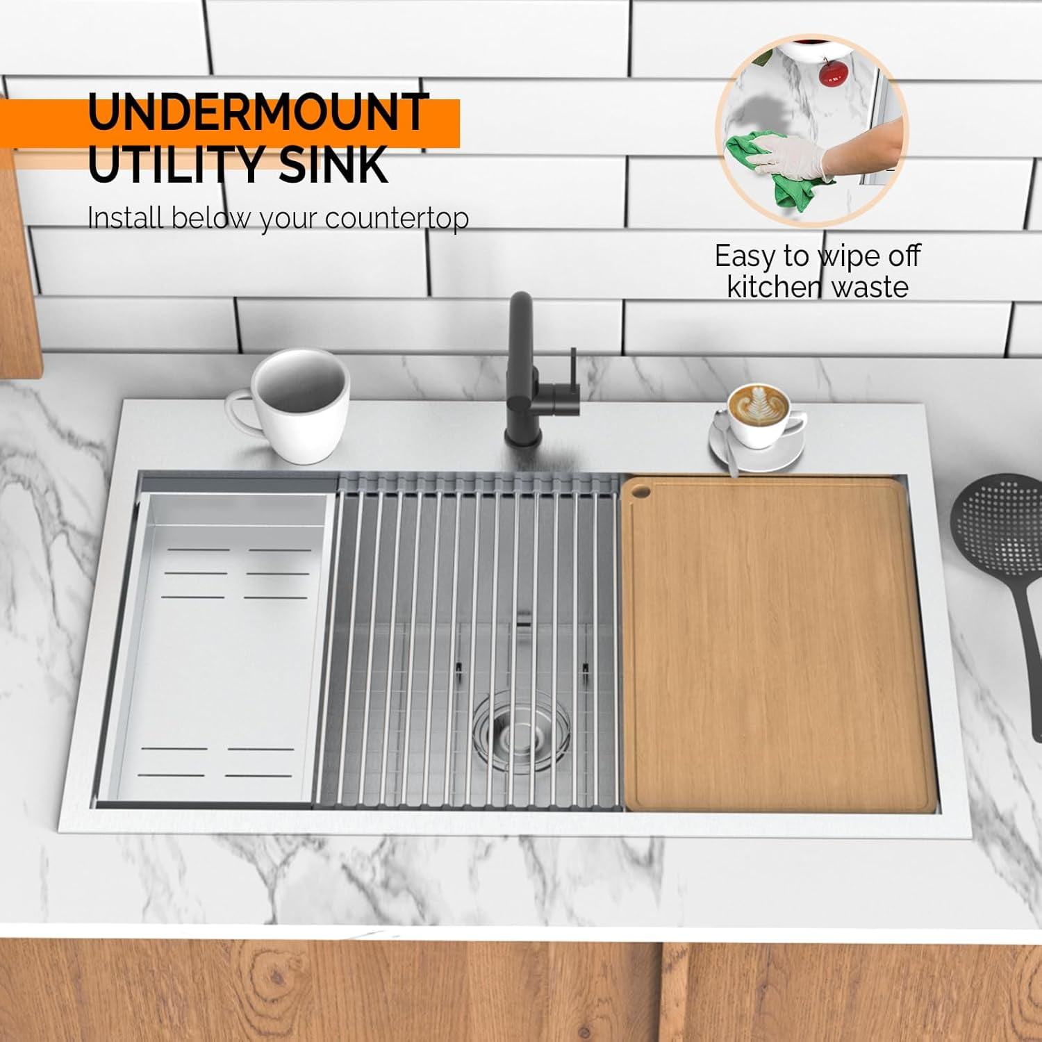 Ktaxon 33 Inch Drop-In Workstation Kitchen Sink, Stainless Steel Deep Single Bowl Utility Sink with Integrated Ledge, Multifunctional Accessories Set, Silver
