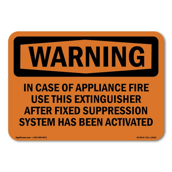 SignMission OS-WS-A-1218-L-12643 12 x 18 in. OSHA Warning Sign - In Case of Appliance Fire Use This Extinguisher