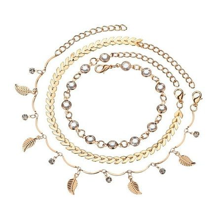 

Mcury 2pcs Beach Ankle Jewelry Double Layered Acrylic Leaf Zircon Anklet Women
