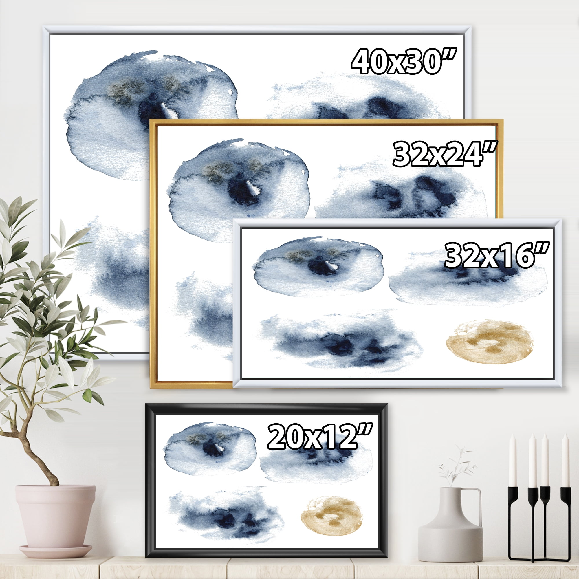 Abstract Of Gold and Dark Blue Cloud 32 in x 16 in Framed Painting Canvas Art Print, by Designart