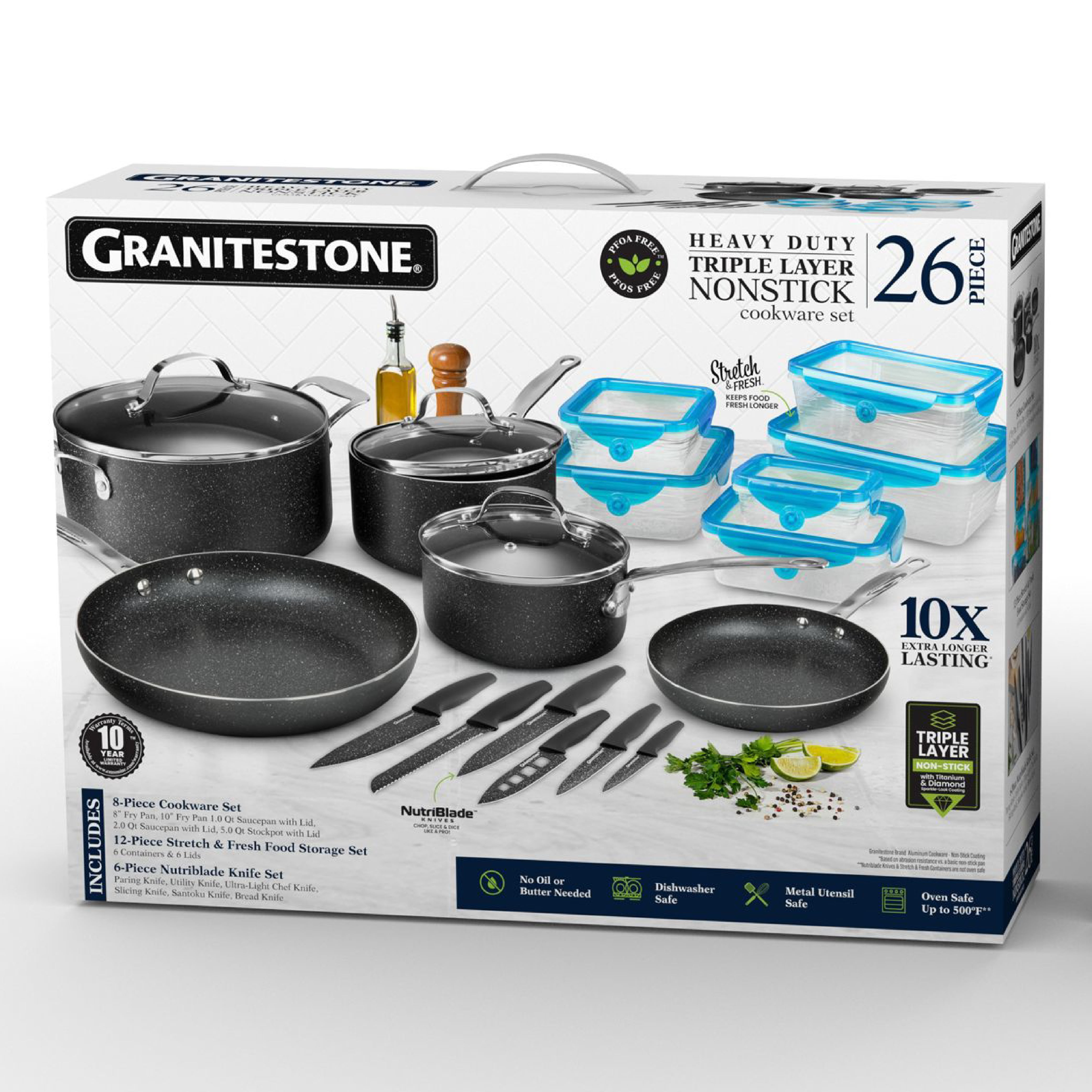  Granitestone Original 16 Pieces Set Includes 10 Pieces Stack  Master Triple Layer Nonstick Dishwasher Oven Safe Cookware 6pcs Nutriblade  Knife HighGrade Professional Chef Stainless Steel Kitchen Knives: Home &  Kitchen