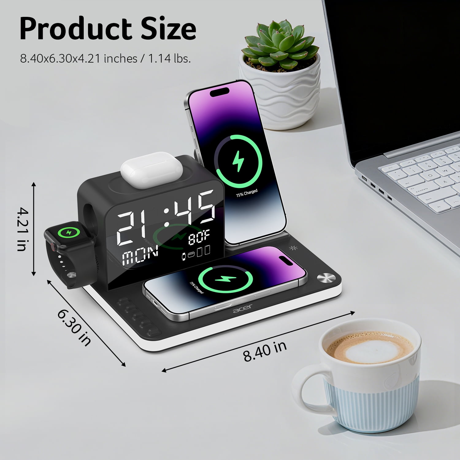 Acer 7 in 1 Wireless Charging Station: Compatible with Apple Multiple Devices - iPhone Apple Watch and AirPods, Charger Stand with Led Night Light