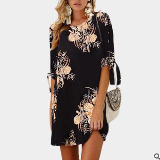 Robe une-Pièce à Manches Cinquième pour Femmes, Col Rond, Motif Floral Délicat, Coupe Ample