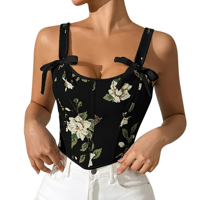Brasier Tela de Mantequilla Corsé de Tirantes para Mujer con Chaleco Retro Floral, Liguero Floral Que Envuelve El Pecho y Se Ata Al Cuerpo. Mediana