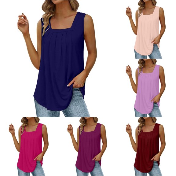 Rggeeun Womens Tank Tops Solid Color Vest Wide Strap Square Neck Pleated Elastic Loose Fit for Summer Training Cute Tops,Blue,Xxl