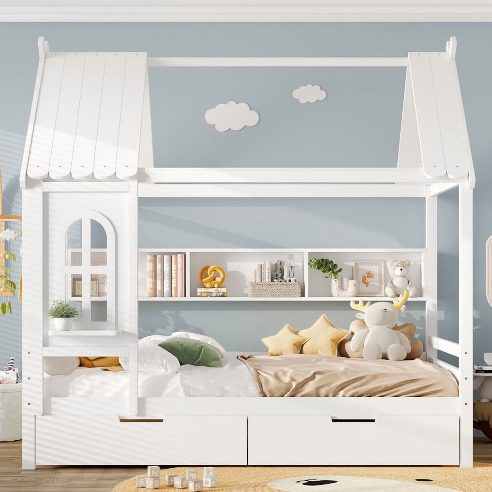 Bellemave Full Size House Bed with Storage Drawers, Wooden Montessori Bed with Shelves and Fence Rails, Full Bed Frame with Window for Bedroom, No Box Spring Needed,White