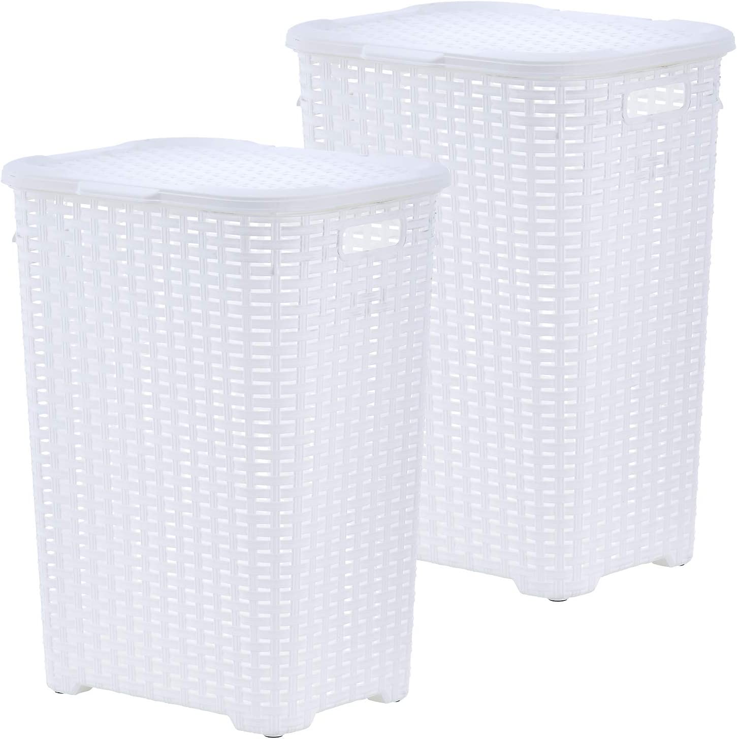 Superio 60L Large Wicker Plastic Laundry Hamper with Lid White (2