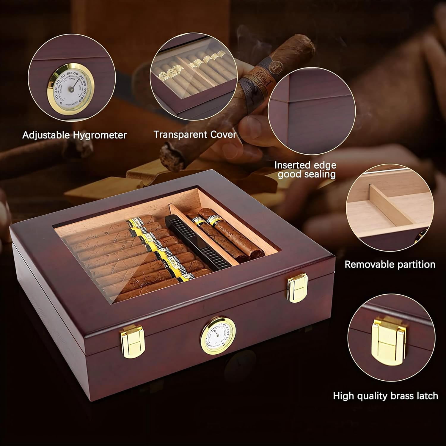 Humidor Cigar Box for Men:Cedar Wood Cigar Box,Cigar Humidor with Humidity Monitoring System,Cigar Case for Men for Holding 25-30 Cigars,Cigar Accessories for Men,10 * 8 in