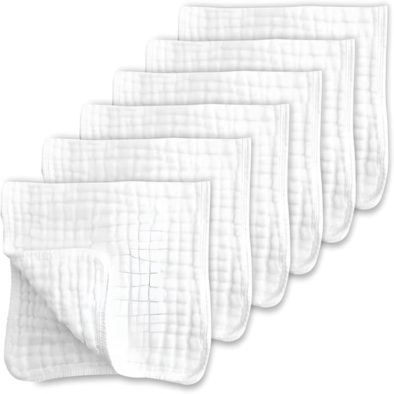 TELOLY Muslin Burp Cloths for Baby 100% Cotton Large 20''X10'' 6 Layers Thicken Super Soft and Absorbent (6 Pack,White)