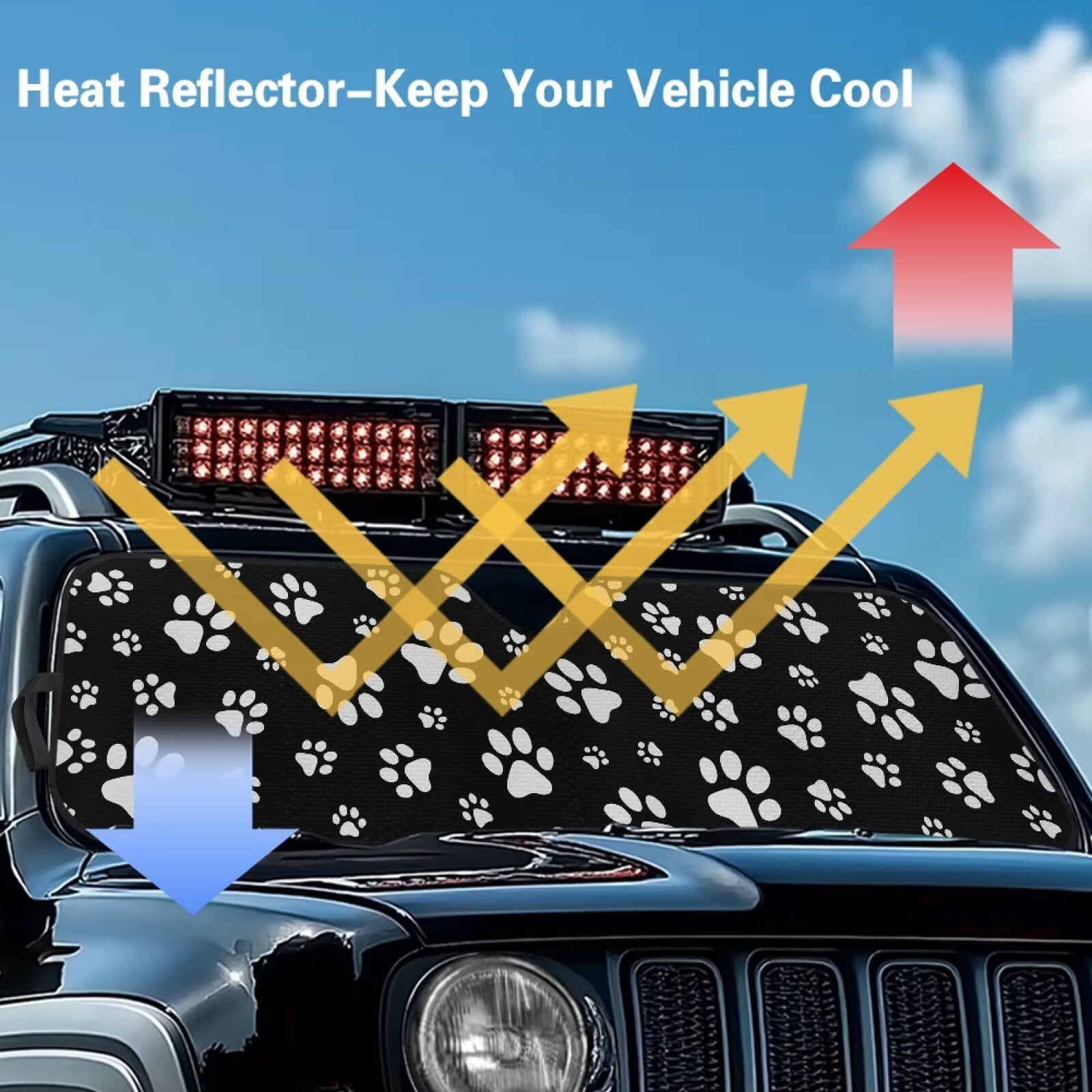 Uorisanigo Windshield Sun Shade for Jeep Wrangler TJ JK JKU Sport Sahara Rubicon 2 Door & 4 Door Foldable Pet Paws Print Front Sunshade, Blocks UV Rays and Heat, Keep Interior Cool