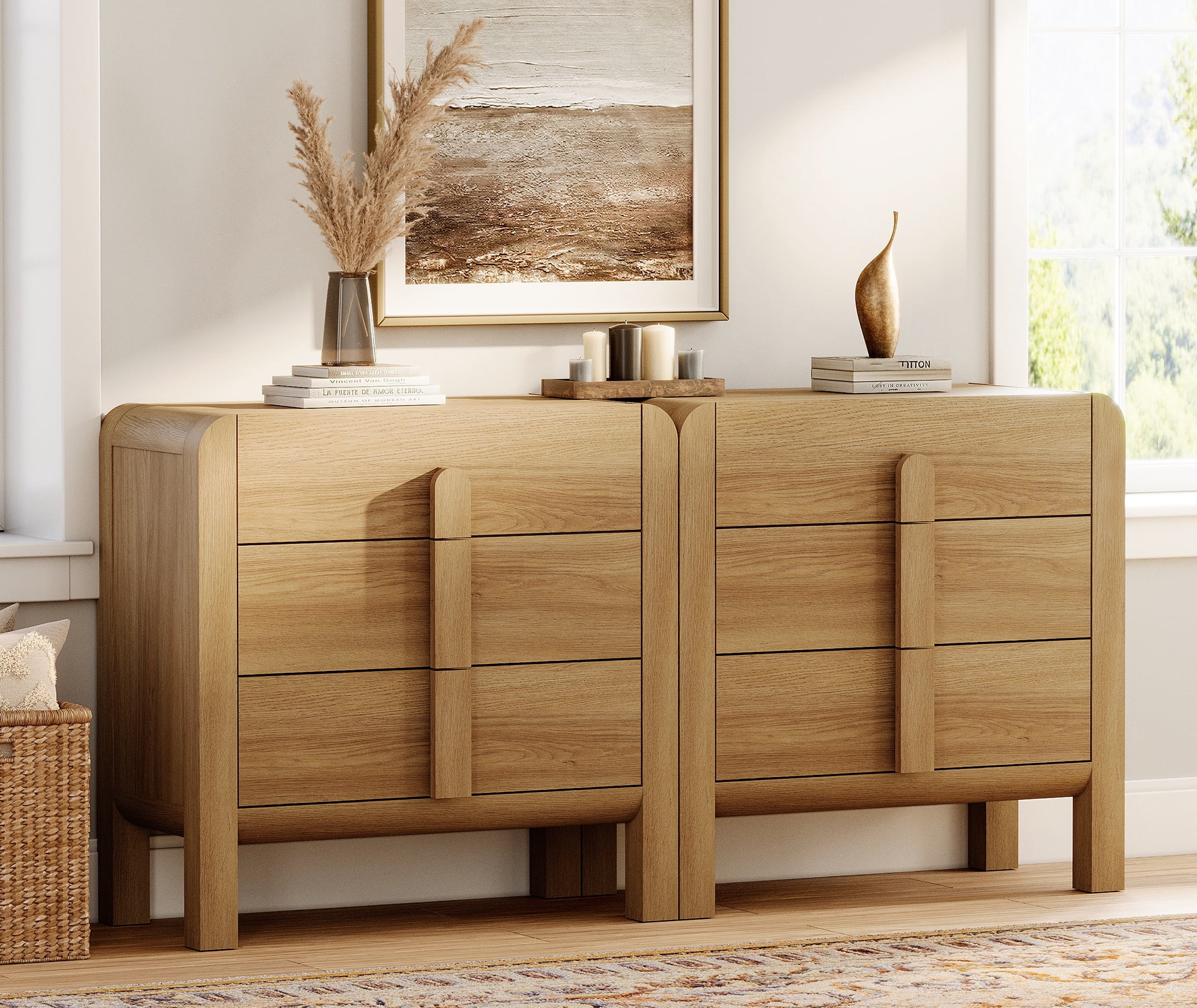 3 Drawer Curved Dresser for Bedroom Set of 2, Mid Century Modern Chest of Drawers, Wood Storage 6 Drawer Dresser Organizer for Bedroom Living Room Hallway Closet