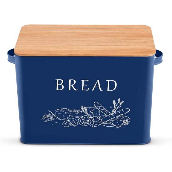 Bread Box for Kitchen Counter, Metal Bread Storage Bin with Wooden Cutting Lid, Large Capacity for Holding 2 Loaves, Retro Modern Style, Size 13” x 7.2” x 9.7”, Blue