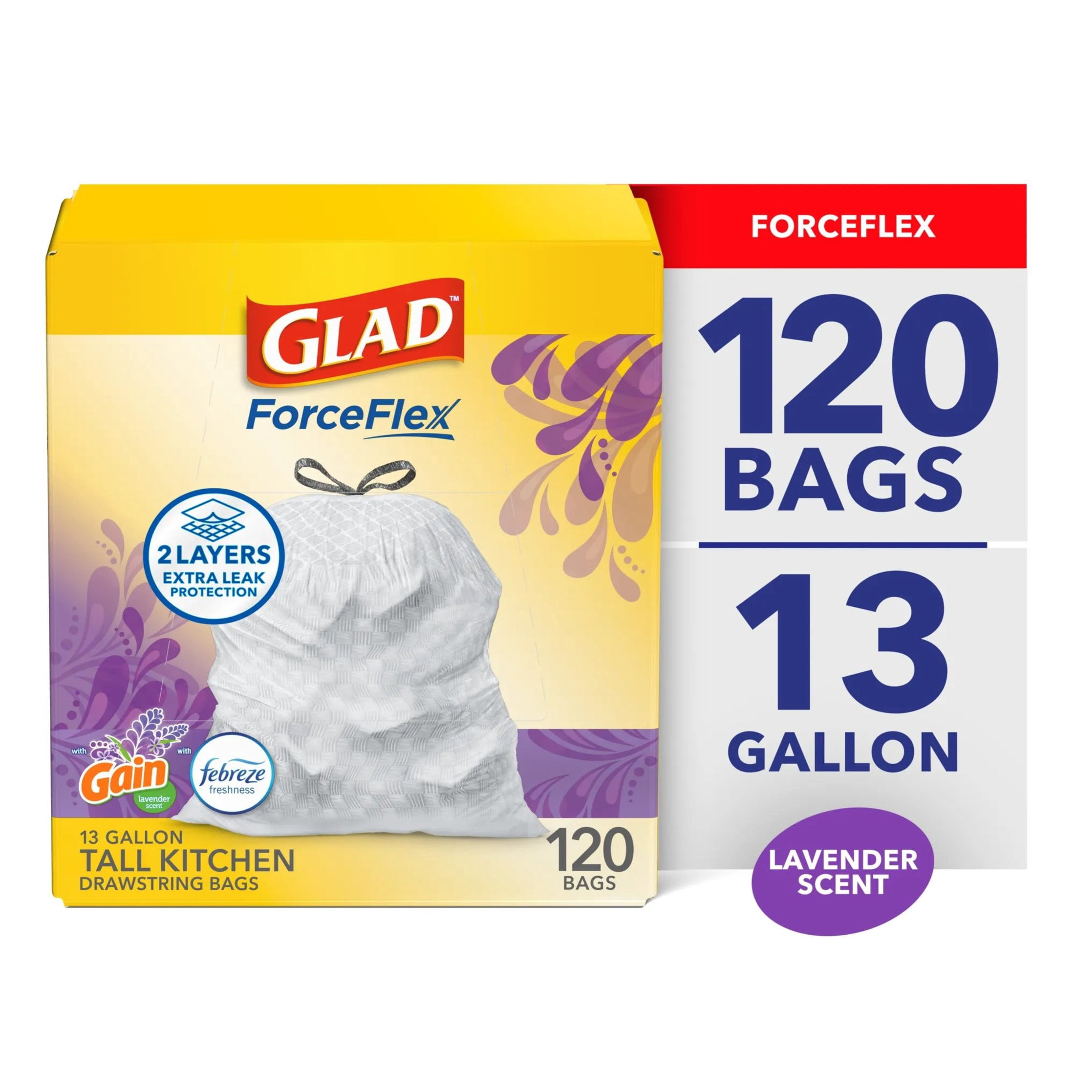 (3 pack) Glad ForceFlex Tall Kitchen Drawstring Trash Bags, 13 Gallon, Gain Lavender with Febreze Freshness, 120 Count