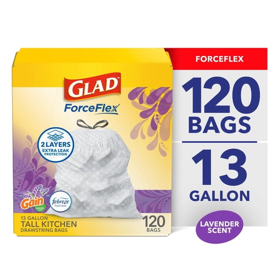 Glad ForceFlex Tall Kitchen Trash Bags, 13 Gallon (Gain Lavender Scent)
