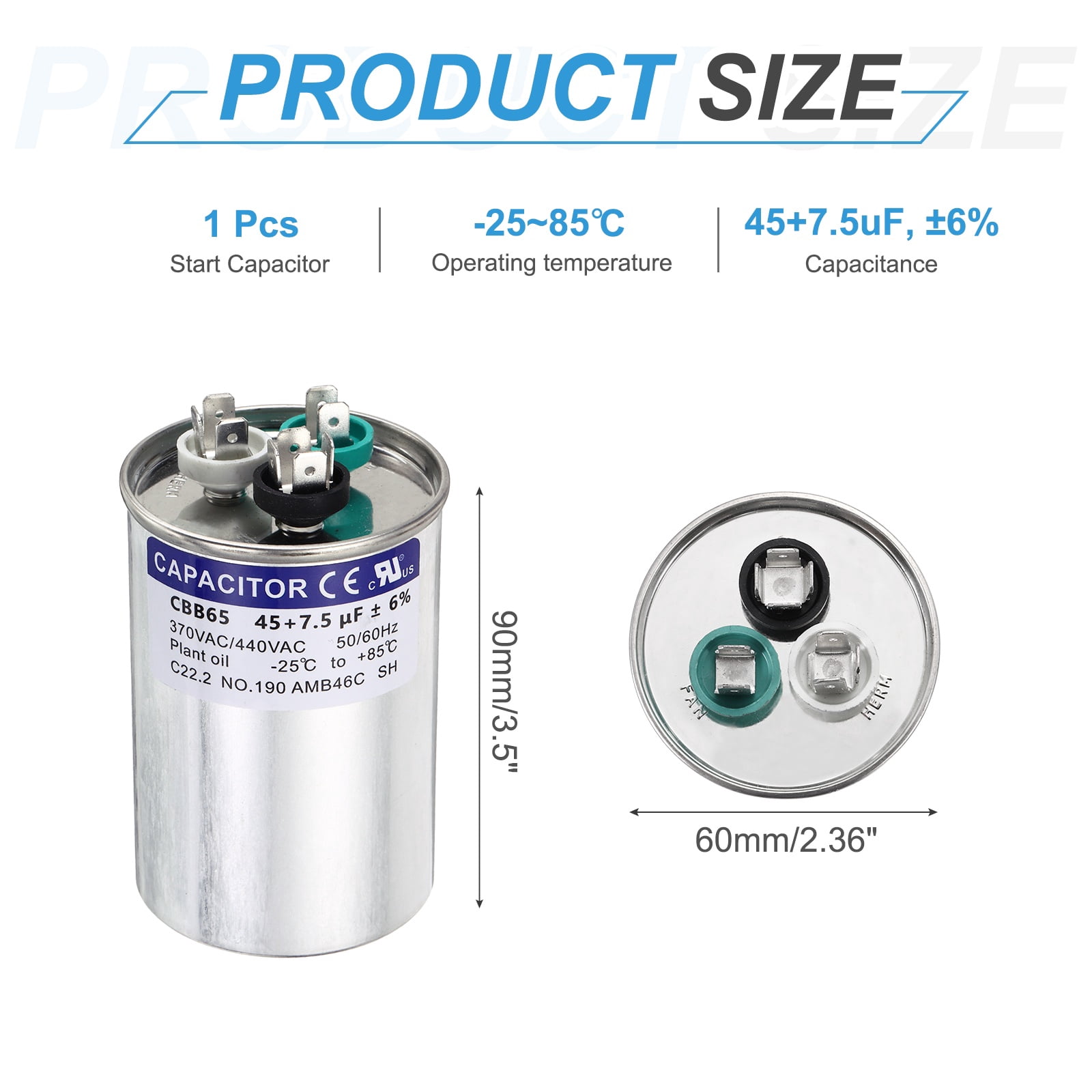 Uxcell 45+7.5MFD CBB65 Run Start Capacitor 45+7.5uF, 370/440V Round AC Capacitor for AC Motor Run, HVAC, Air Conditioner, Condenser Motors