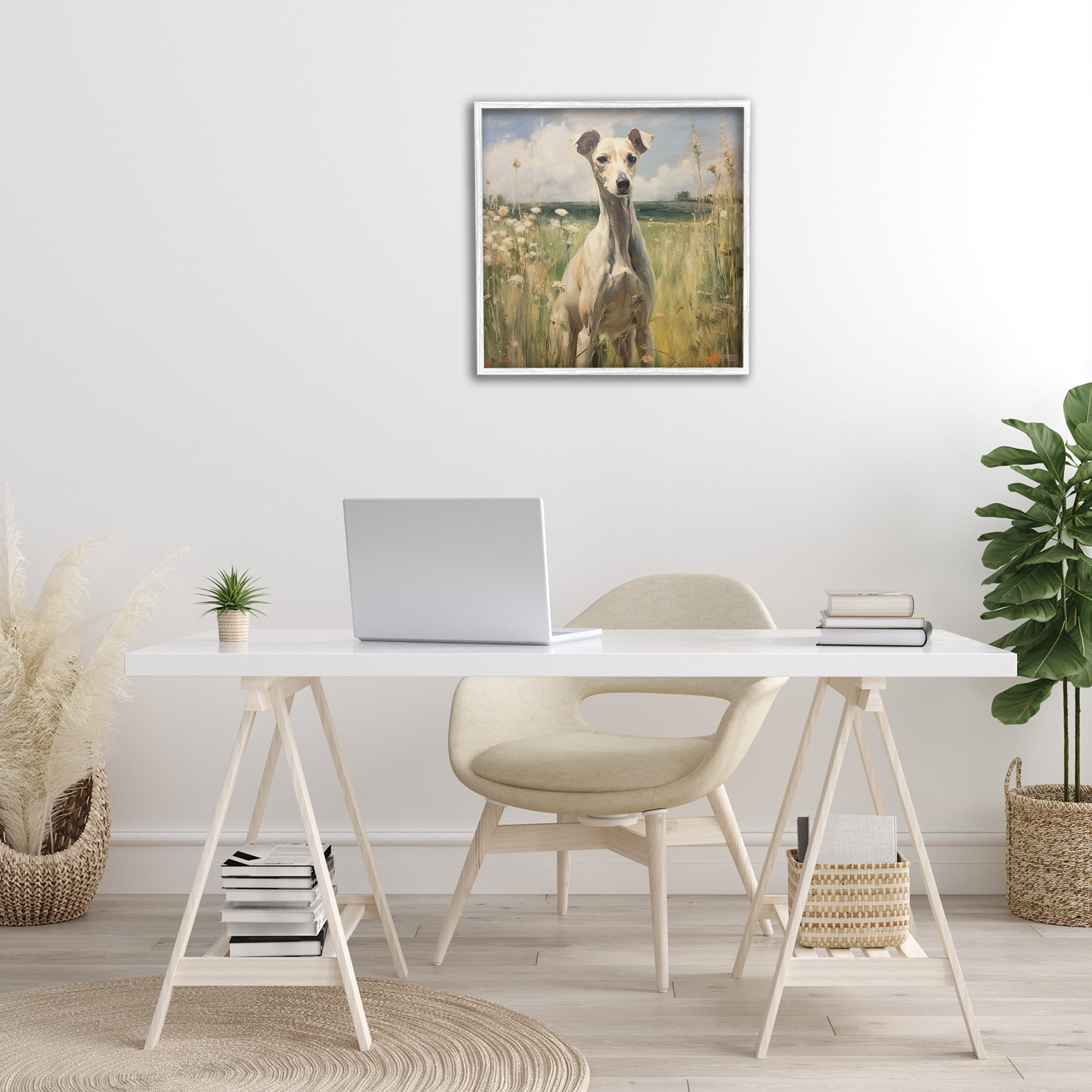 Stupell Industries Greyhound Dog Landscape Landscape Painting White Framed Art Print Wall Art, 24 x 24