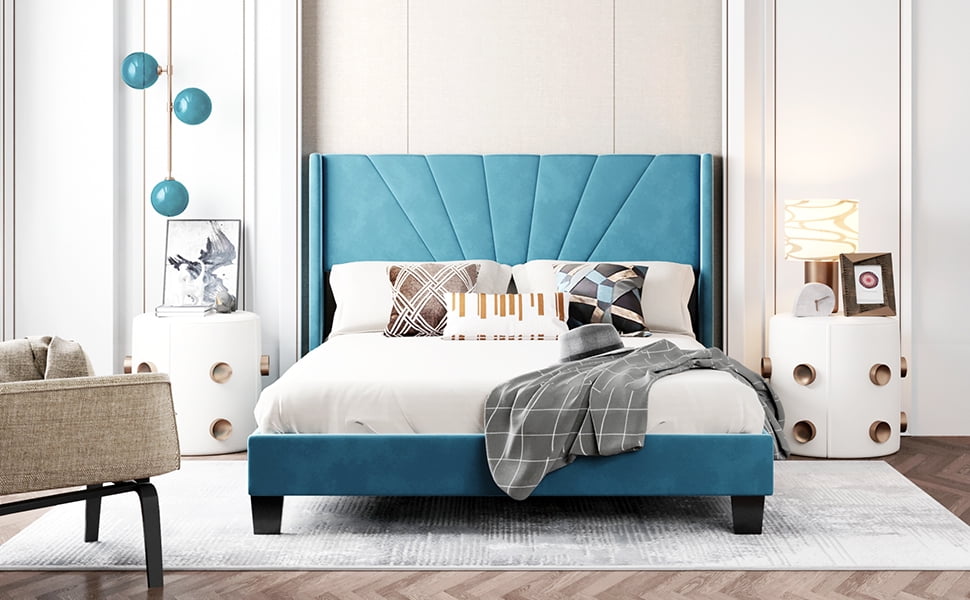 Details about   Upholstered Platform Bed Frame with Wingback Headboard and Mattress Foundation 