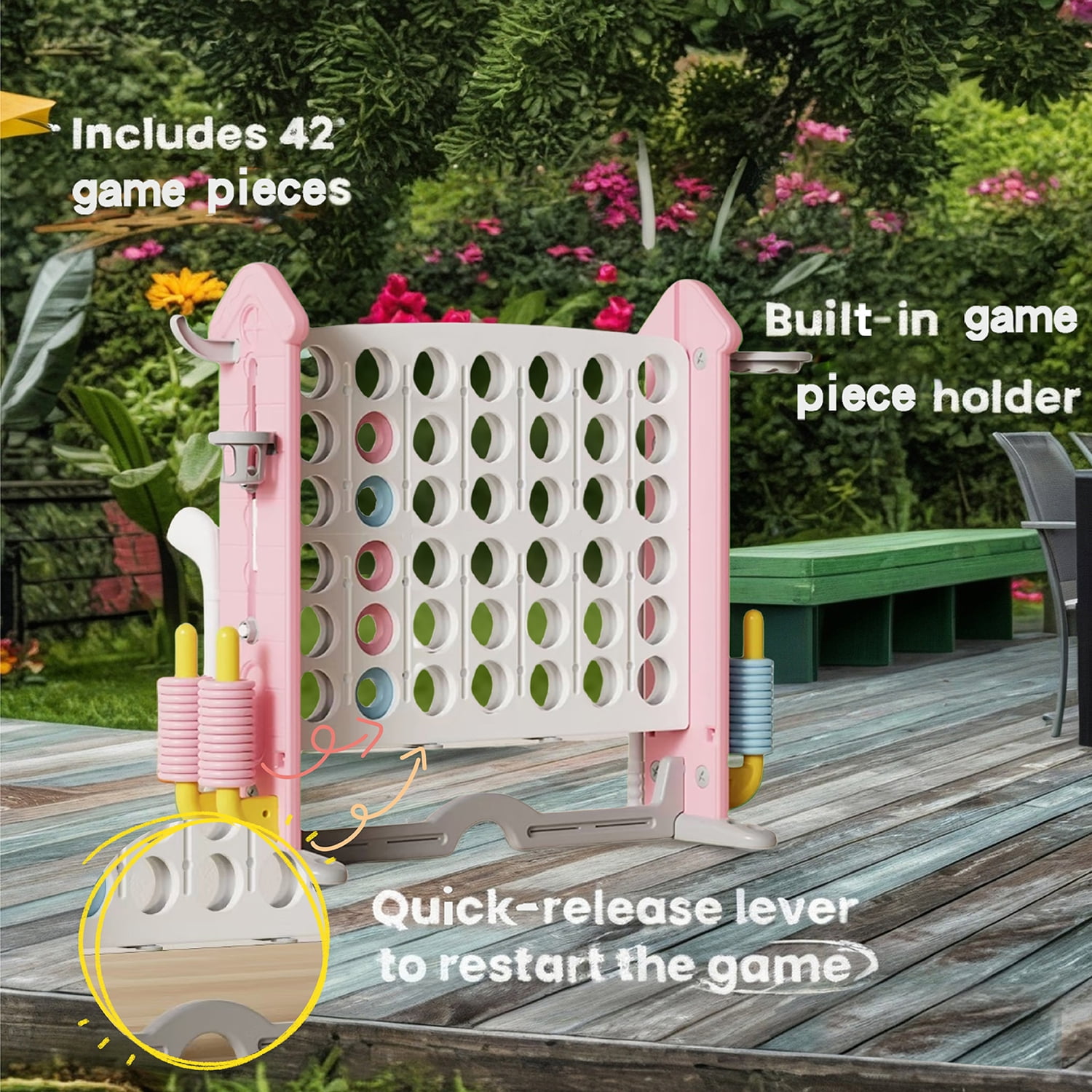 UNICOO Giant 4 in A Row Game with Carry Bag, Basketball Hoop, Ring Toss Game, 4-to-Score Game | Large Outdoor Yard Game, Parties & Gatherings Games (Pink & White)