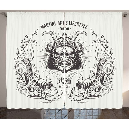 Tokyo Marui P90 - Asian Curtains 2 Panels Set, Traditional Japanese Samurai Mask Koi Fish Martial Arts Lifestyle Tokyo Typography, Window Drapes for Living Room Bedroom, 108W X 90L Inches, Coconut Grey, by Ambesonne