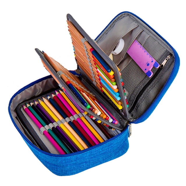 Estuche con cierre de alta capacidad, estuche multifuncional para lápices de papelería, estuche portátil con extraíbles, color azul